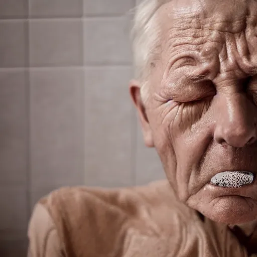 Prompt: a photo of an old man having nightmares while bathing