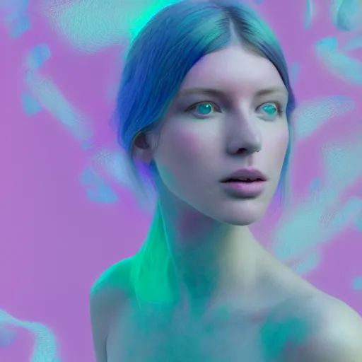 Prompt: A gorgeous young ethereal woman delicately positioned and intertwined in popping color fluids, Fantasy, hyperrealism, 4k, volumetric lighting, three dimensions, a digitally transformed world, user interface design, 3D modeling, illustration, and transportation design. art by Andrew Chiampo, Frederik Heyman and Jonathan Zawada, 4k