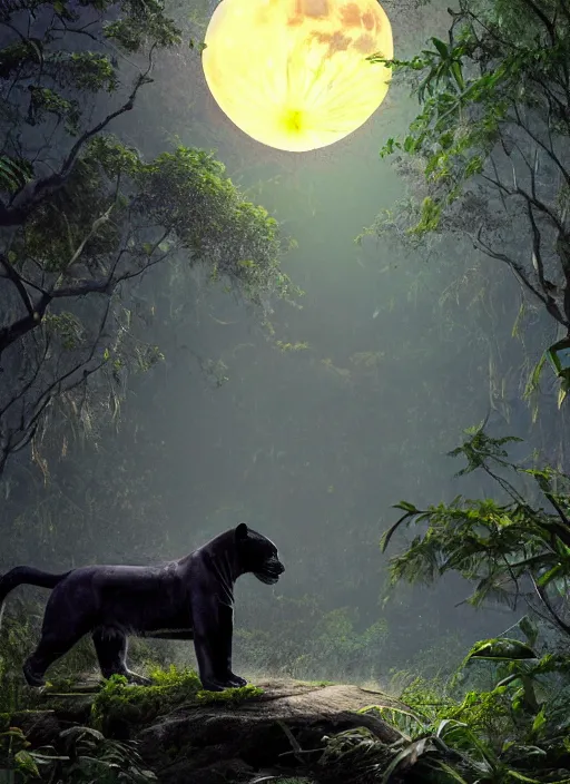 Prompt: a beautiful matte painting of a black jaguar walking in the jungle at night, front face, with full moon in the sky, ayahuasca