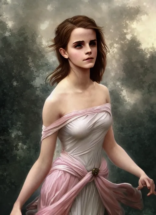 Image similar to emma watson as nature magic celestial, long hair, soft pink and white transparent cloth, space, D&D, shiny background, intricate, elegant, highly detailed, digital painting, artstation, concept art, smooth, sharp focus, illustration, artgerm, bouguereau