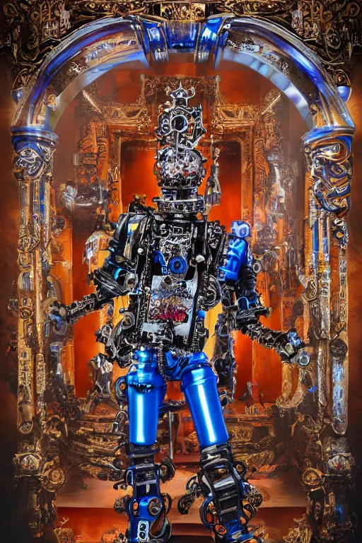 Image similar to full-body rococo and cyberpunk style sculpture of a young handsome Aztec prince half chrome robot with a chest opening exposing circuitry and a sparking motherboard, glowing blue lasert eyes, crown of mechanical gears and roses, flowing orange-colored silk, fabric, steampunk archways. baroque elements, human skull. full-length view. baroque element. intricate artwork by caravaggio. many many birds birds on background. Trending on artstation, octane render, cinematic lighting from the right, hyper realism, octane render, 8k, depth of field, 3D