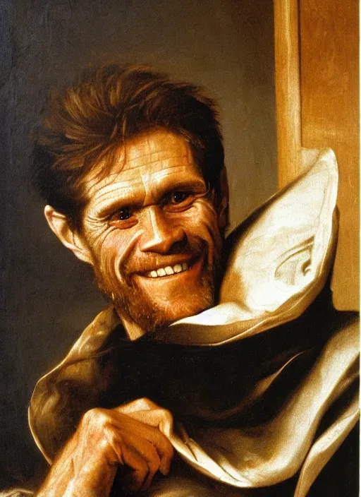 Image similar to portrait painting of willem dafoe with stubble smiling warmly, renaissance oil painting, studious chiaroscuro