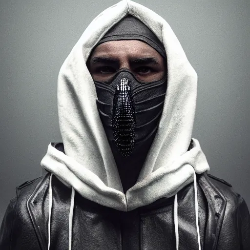 Image similar to a highly detailed, portrait of a man with black hair with a black medical mask, in a hood in the form of a shark, artstation, DeviantArt, professional, octane render, digital art