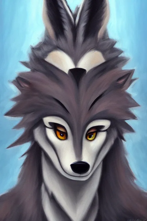 Image similar to oil painting of anthromorphic female wolf, in style of zootopia, female fursona, furry, furaffinity, 4 k, deviantart, furry art, fursona art, wearing black business suit, business suit, wolf fursona, female, very expressive detailed feminine face,