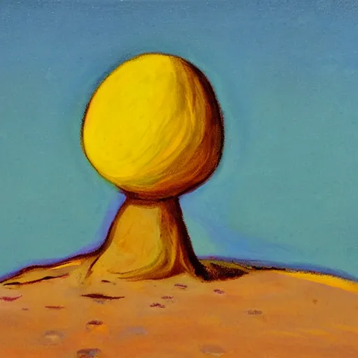 Image similar to a fauvist painting of a strange alien artifact poking out from the sand, late evening light