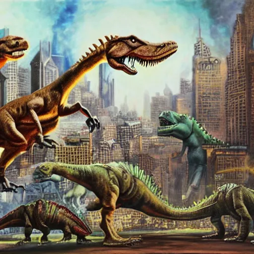 Image similar to dinosaurs attacking a city, futuristic, oil canvas, High quality