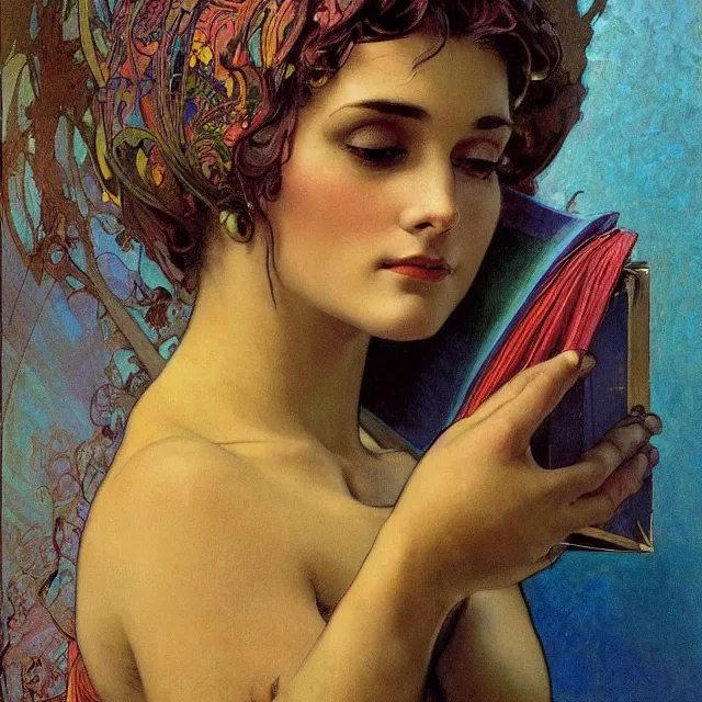 Prompt: an aesthetic! detailed close - up portrait of an aesthetic woman, covered by transparent veil, holding an leather bound book, by frank frazetta and alphonse mucha, oil on canvas, bright colors, art nouveau, epic composition, dungeons & dragons fantasy art, hd, god - rays, ray - tracing, crisp contour - lines, huhd - 8 k