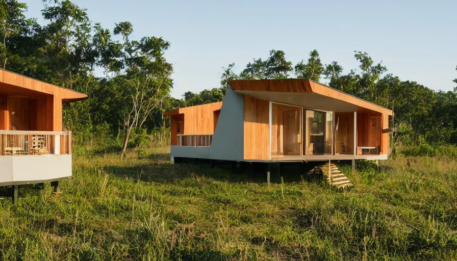 Image similar to A wide image of an eco-community of innovative contemporary 3D printed prefab sea ranch style cabins with rounded corners and angles<photobomb>alpaca</photobomb>, beveled edges, made of cement and concrete, organic architecture, in a lush green forest Designed by Gucci and Wes Anderson, golden hour