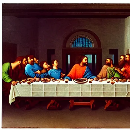 Image similar to a World War II Russian Soviet propaganda poster showing The Last Supper by Leonardo da Vinci