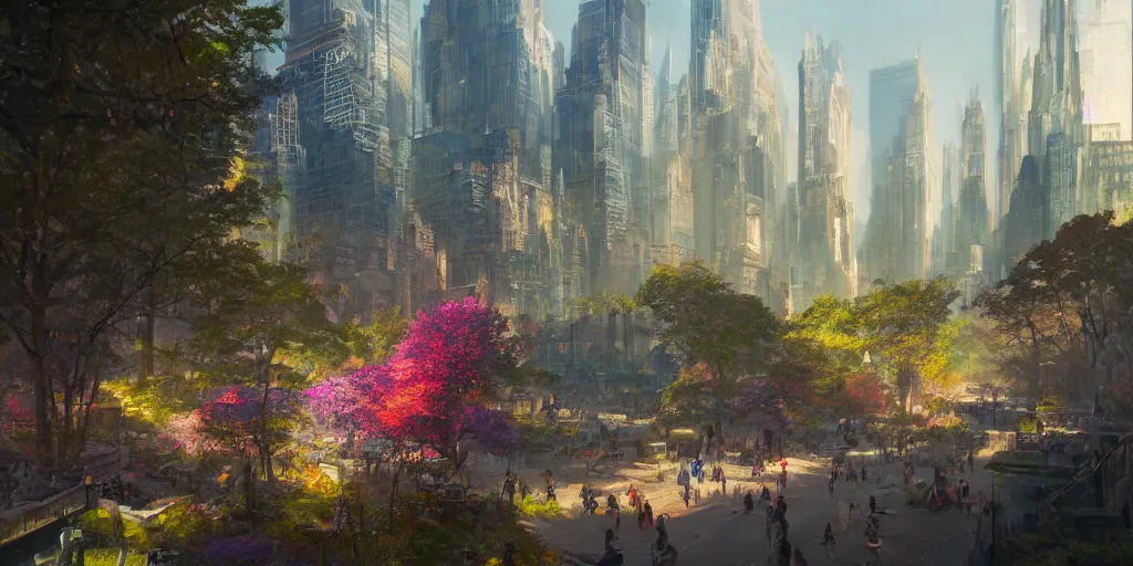 Image similar to a fantasy solarpunk new york city, landscape illustration by greg rutkowski, bright sunlight, sun glints, vivid and colorful trees and plants and flowers, smooth digital concept art, 4 k, trending on artstation