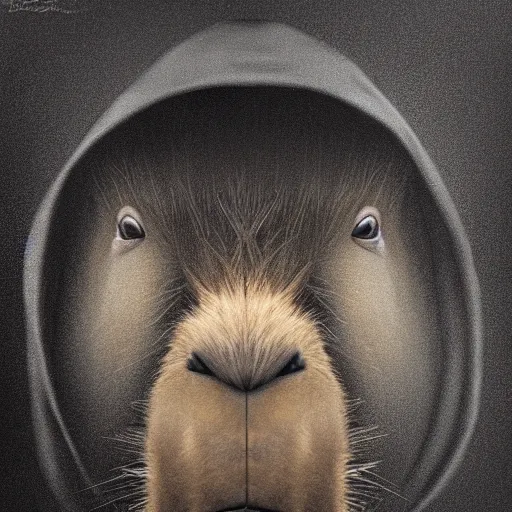 Image similar to a portrait of a capybara wearing a black hood, cloak covering face, anatomically correct, beautiful perfect face, enigmatic, oil painting, matte, black background, volumetric dynamic lighting, highly detailed, cinematic lighting, unreal engine, 8 k, hd, by beksinski