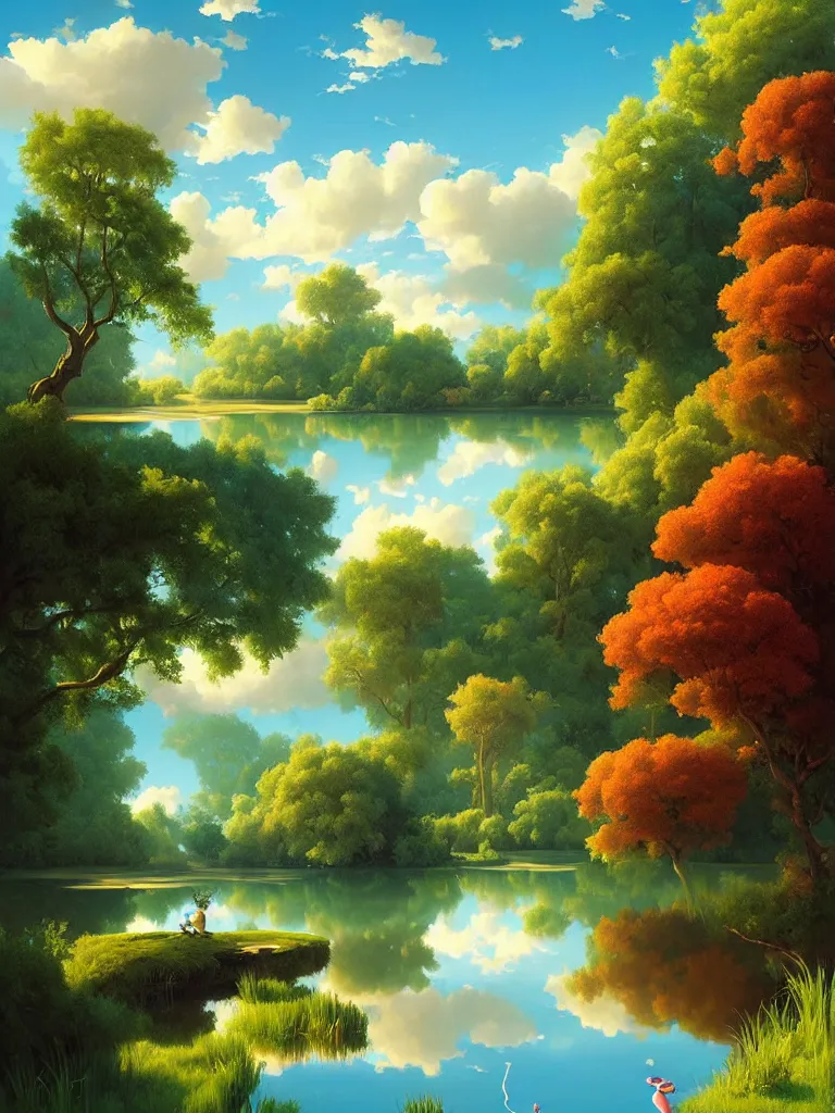 Image similar to a pond with fantasy trees serene puffy cloudy sky of candy clouds, Digital Matte Illustration by RHADS and asher brown durand