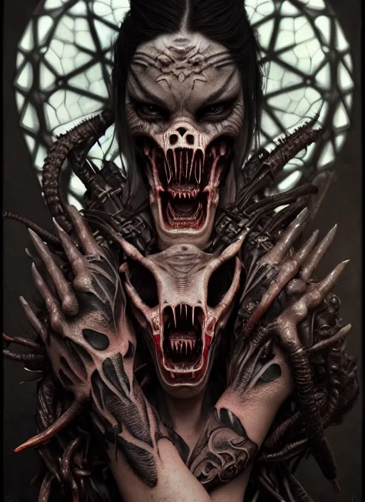 Prompt: ultra realistic, predator, male, fangs, goth, tattoos, leather, fantasy, flesh, bone, body horror, intricate details, eerie, highly detailed, octane render, 8 k, art by artgerm and alphonse mucha and greg rutkowski