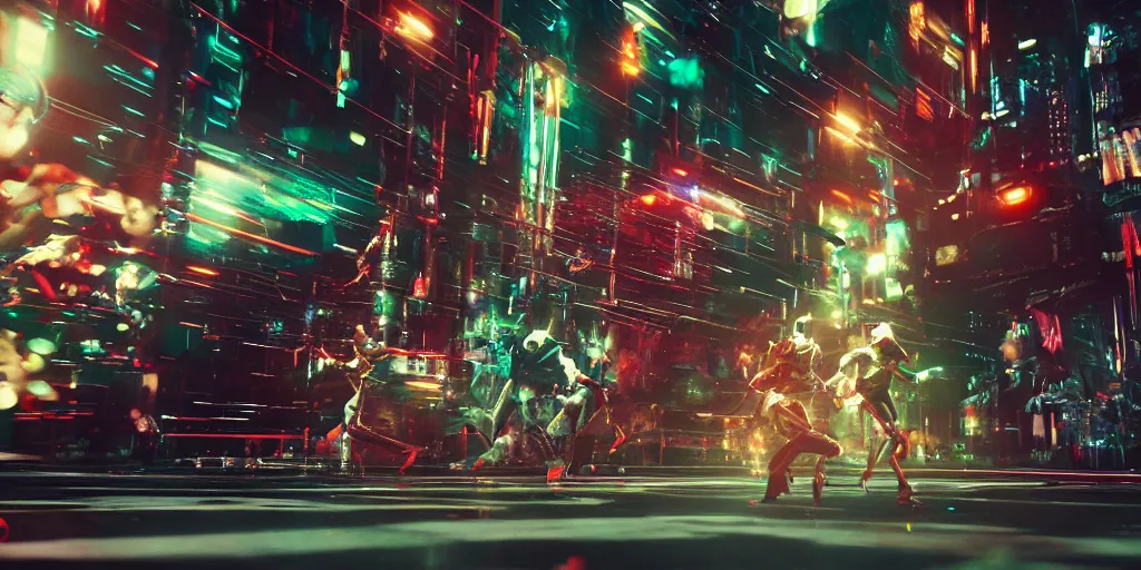 Image similar to Cyberpunk android chrome Robots running in a dramatic movie scene with dynamic dancer movements and motion blur and bokeh, shot on imax, cinematic scene, cinematographic composition, CineStill 800T Film