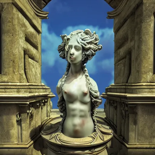 Image similar to baroque vaporwave statue, high detail, rendered in unreal engine, 3d render, god rays, volumetric lighting, award winning, vegetation, mark Ryden, oasis