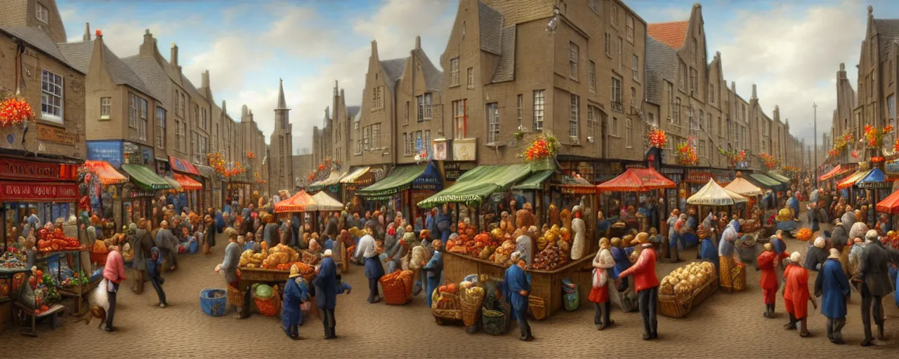 Prompt: a miniature diorama of street life in kirkwall orkney, by kevin sloan, colorful, busy crowds, fish market stalls, dutch masters, very detailed, octane render, cinematic lighting, 8 k, hd