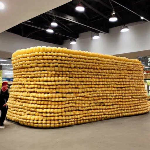 Image similar to a 1 5 foot tall burger with 1 0 0 0 slices of cheese on it stacking up to the ceiling