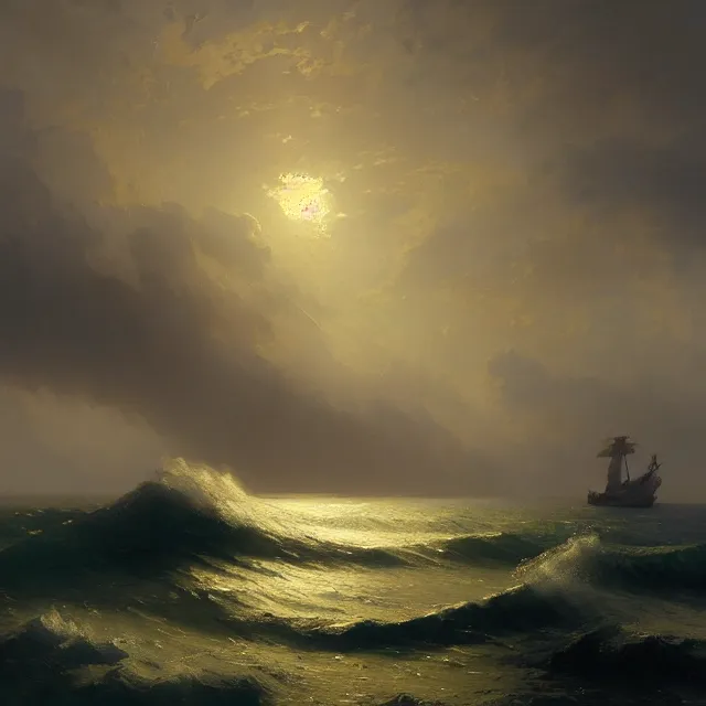 Prompt: a beautiful painting of the sea by ( ivan aivazovsky ) and daniel oxford and greg rutkowski and george varodi. in style of concept art. 4 k texture. ray tracing. sharp lines, hyper detailed. octane render. trending on artstation