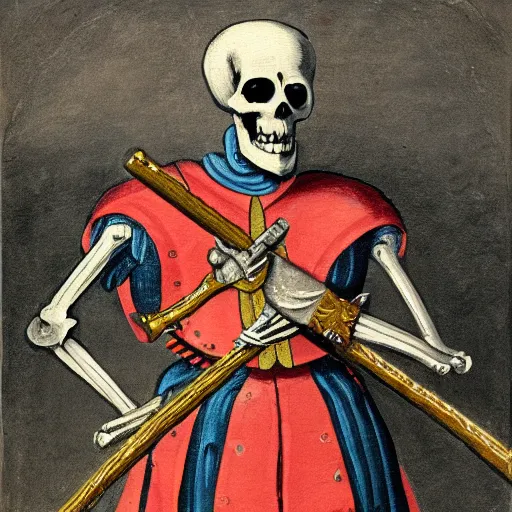 Image similar to skeleton in a colourful landsknechts uniform, wielding a sword, rennaissance painting