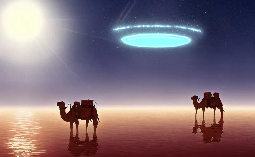 Image similar to a cell - shaded studio ghibli concept art of a hovering ufo shining a spotlight on a camel caravan in a flooded stonehenge desert on a misty starry night. very dull colors, hd, 4 k, hq