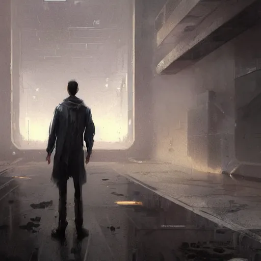 Image similar to concept art by greg rutkowski, a very tall and slender young man, dressed in patient clothes and an open sweatshirt, wandering through the desolate, futuristic, brutalist interior of a space colony, depressing atmosphere, low lighting, scifi, highly detailed portrait, digital painting, artstation, concept art, smooth, sharp foccus ilustration, artstation hq