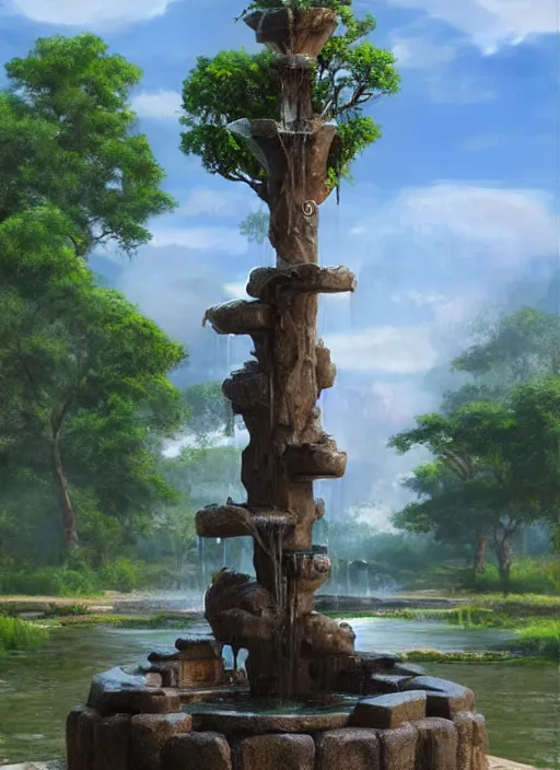 Image similar to a water fountain made out of a tree, concept art by Doug Chiang cinematic, realistic painting, high definition, digital art, symmetrical, very detailed, extremely high detail, photo realistic, concept art, unreal engine 5,