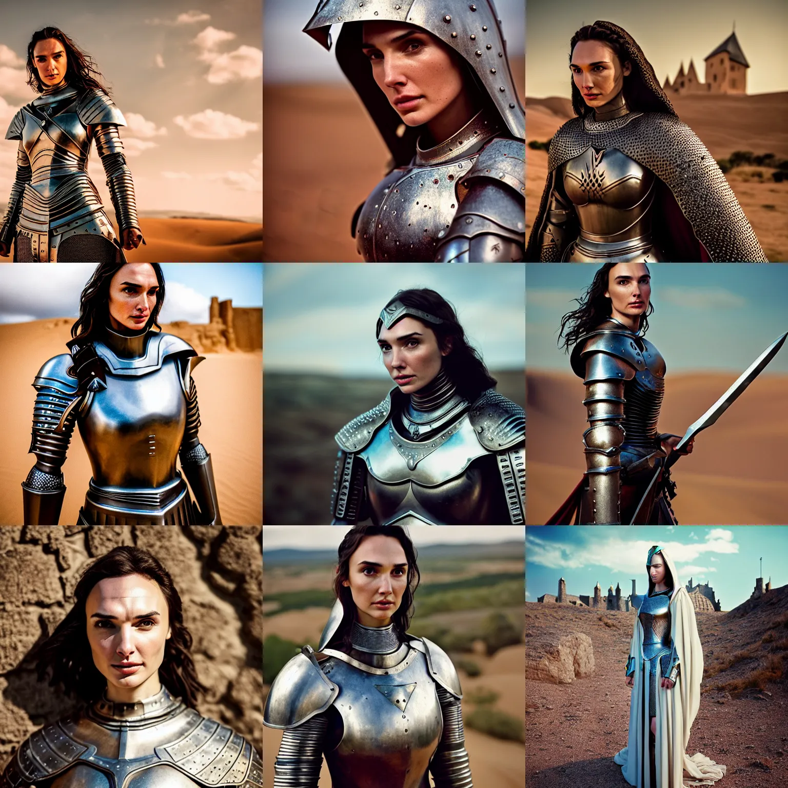 Prompt: Cinestill 50d, 8K, 200mm; beautiful ultra realistic medieval scene, 1290s frontiers in human medieval armour fashion magazine September retrofuturism gal gadot as joan of arc in Agnieszka Lorek edition, highly detailed, extreme closeup portrait, tilt shift desert background, three point perspective, focus on feminine model;knight;pursed lips;pointè pose, soft lighting