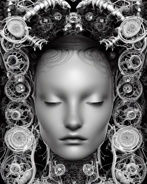 Image similar to mythical dreamy black and white organic bio - mechanical spinal ribbed profile face portrait detail of translucent steampunk beautiful female angelic - human - queen - vegetal - cyborg, highly detailed, intricate crystal ivy jelly ornate, poetic, translucent roses ornate, 3 d render, digital art, octane render, 8 k artistic photography, photo - realistic, by dora maar