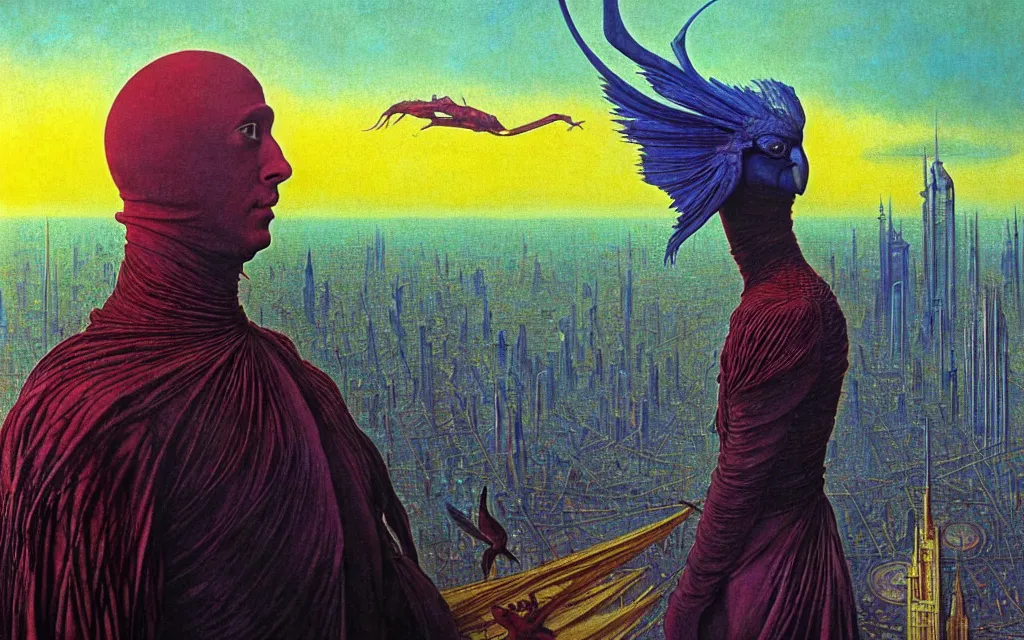 Image similar to realistic detailed portrait movie shot of a birdman wearing dark ragged robes, futuristic city sunset landscape background by denis villeneuve, amano, yves tanguy, alphonse mucha, ernst haeckel, max ernst, roger dean, rich moody colours, blue eyes