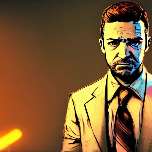 Image similar to justin timberlake portrait, borderlands, tales from the borderlands, the wolf among us, comic, cinematic lighting, studio quality, 8 k