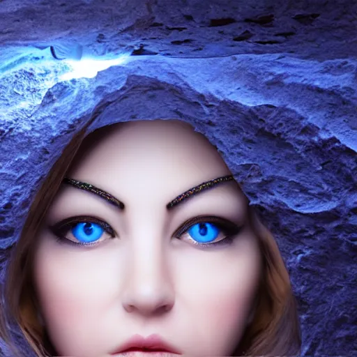 Image similar to mysterious divine goddess with bright blue eyes in a dark cave, photo 3 d,