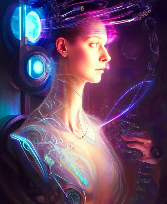 Image similar to a whirlwind of souls rushing inside the metaverse, hologram, half body, neurochip, shaved temple, piercing, jewelry, android, cyborg, cyberpunk face, by loish, d & d, fantasy, intricate, elegant, highly detailed, colorful, digital painting, artstation, concept art, art by artgerm and greg rutkowski and alphonse mucha