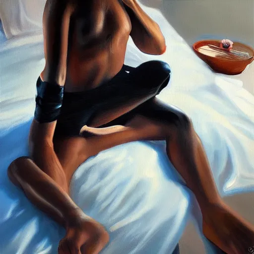 Image similar to A oiled painting of a young girl in a black top bending her legs on the bed and looking into the camera by NEMO Art, Artstation.