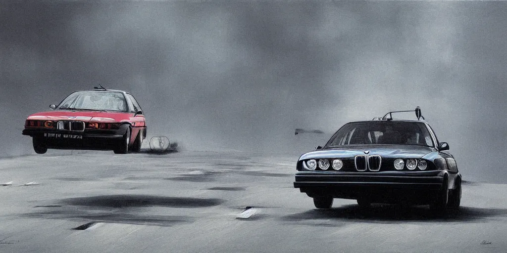 Image similar to bmw e 3 5 in full speed in a empty street, mad max kieth thomsen, zdzislaw beksinski