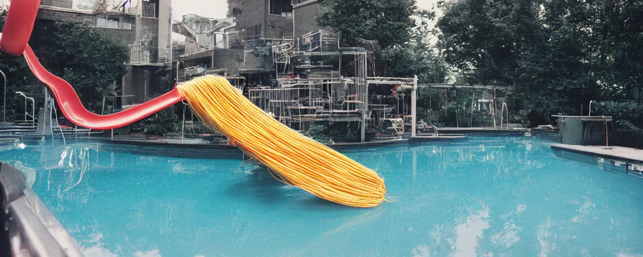 Image similar to a pool filled with spaghetti, marinara sauce coming down a slide, party, canon 5 0 mm, cinematic lighting, photography, retro, film, kodachrome