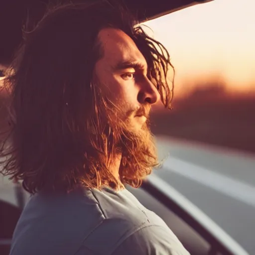 Image similar to a cinematic shot of a grown boy from behind his back looking out of his car window and his long hair flowing due to the wind, sky is orangish outside