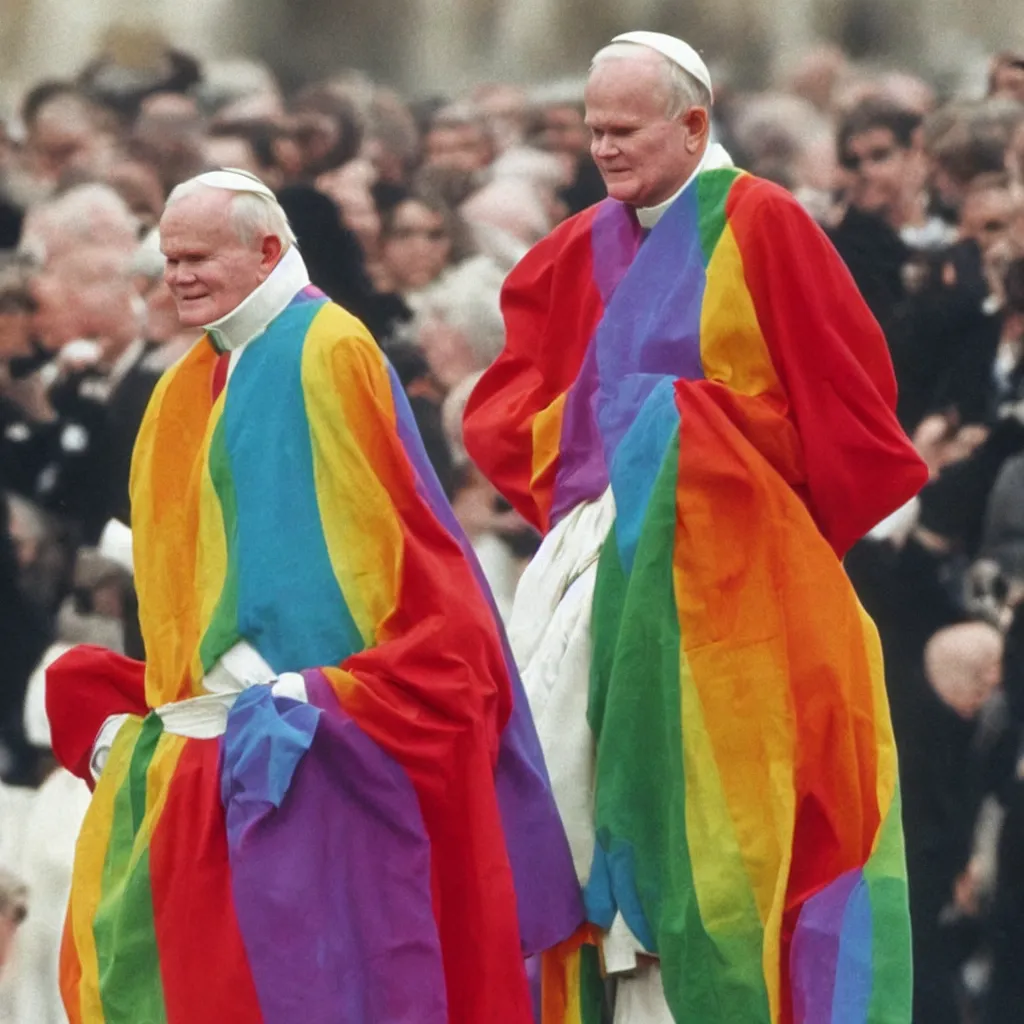 Image similar to John Paul II wearing a lgbt colored robe