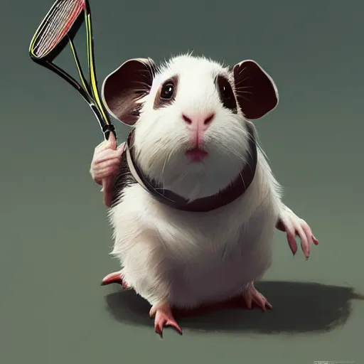 Image similar to a cute guinea pig plays tennis. detailed digital art by greg rutkowski, keith parkinson, marc simonetti, artgerm, artstation, deviantart, 8k, hd