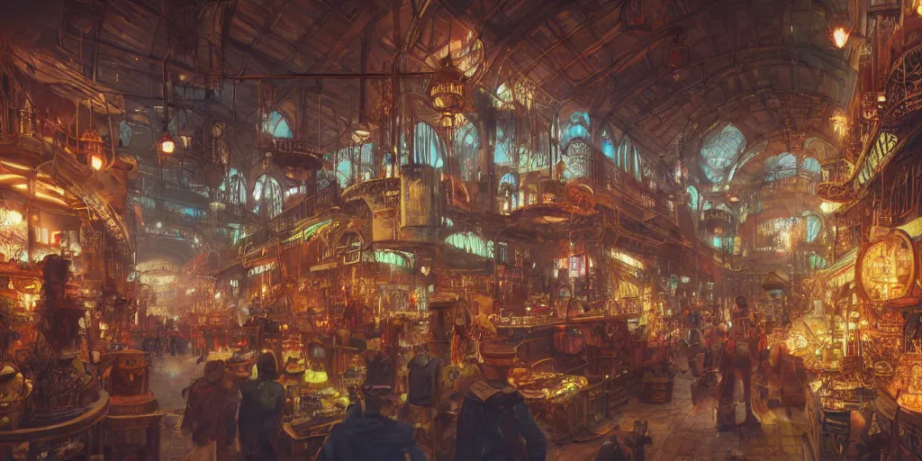 Image similar to steampunk market interior, colorful, 3 d scene, greg rutkowski, zabrocki, karlkka, jayison devadas, trending on artstation, 8 k, ultra wide angle, zenith view, pincushion lens effect