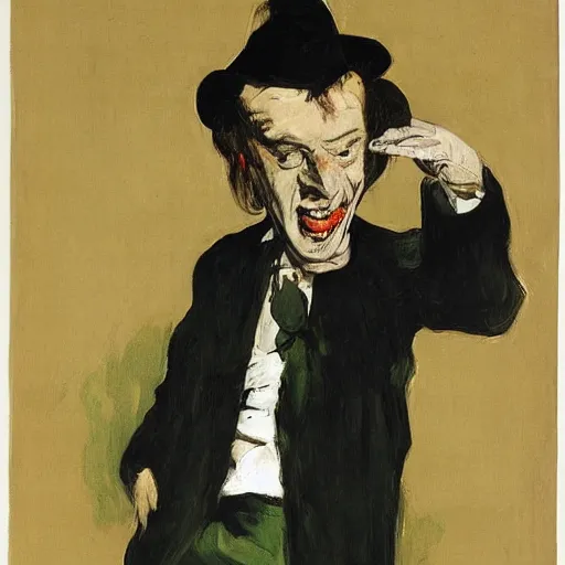 Prompt: hideous by vito acconci, by edouard manet ochre. illustration. a man with a large head & a small body is floating in the air, his arms & legs flailing. his clothes are tattered & he has a wild look in his eyes.