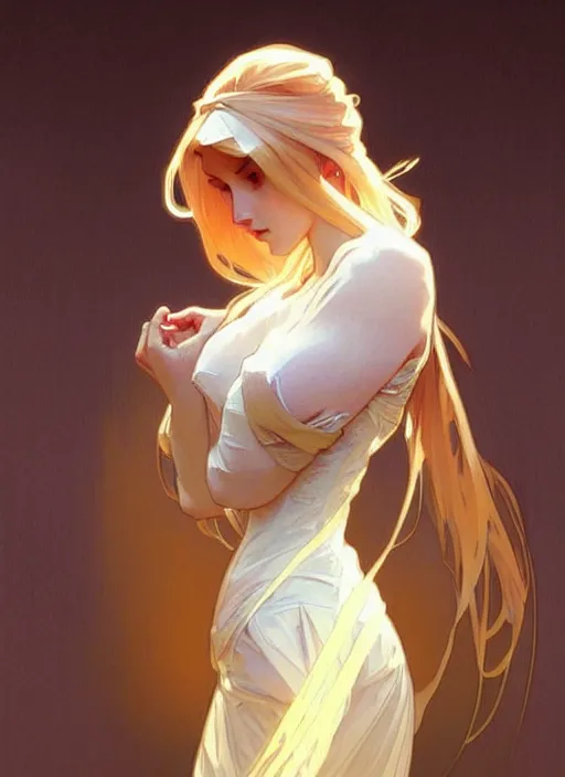 Image similar to digital character concept art by artgerm greg rutkowski alphonse mucha sylvain sarrailh. clear portrait of a shy modern wife blessed by god to grow immaculately fertile and perfect!! blonde, in clothes! holy body! light effect. hyper detailed, glowing lights!! intricate, elegant, digital painting, artstation, smooth, sharp focus