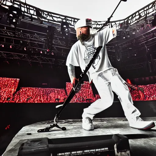 Image similar to Limp Bizkit concert, Fred Durst skateboards on stage, Realistic, HDR, Clear Image, HDD, RTX ON, Dynamic Lighting,