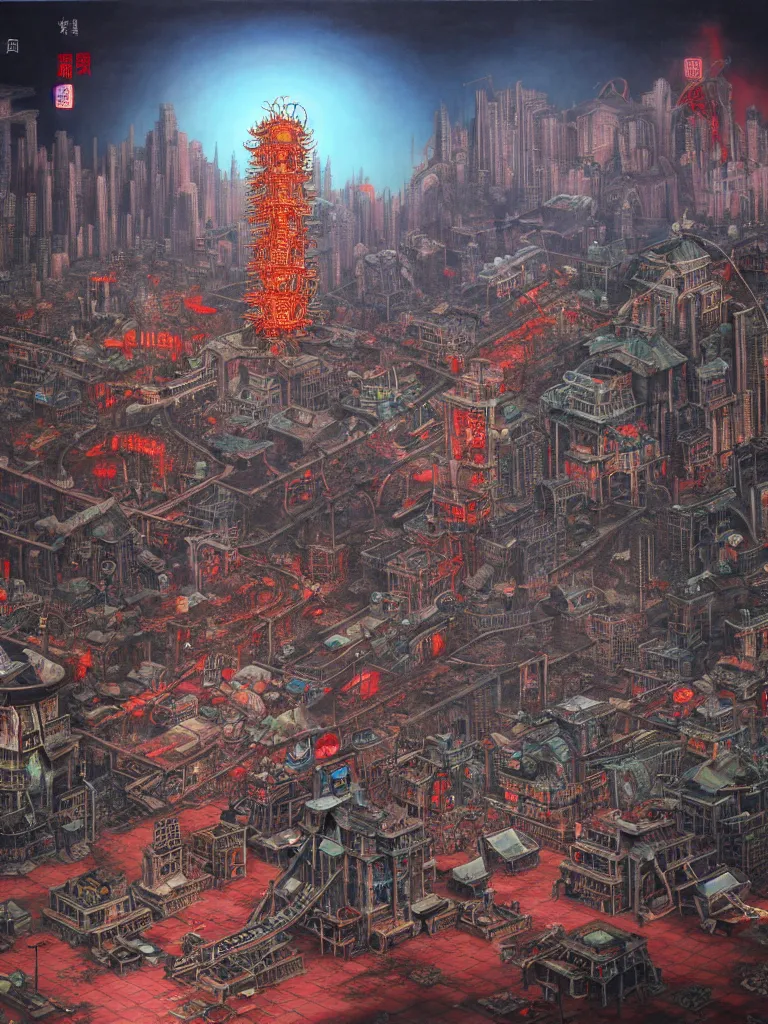 Image similar to realistic detailed image of Horror Machine Consuming A city by Hou Yimin, Dan Howard, Allan Houser, Alice Hunt and Peter Hurd, Neo-Pagan, rich deep colors. Painting by Byun Shi Ji and Jiang Feng masterpiece