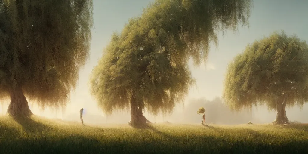 Image similar to willow tree, matte oil painting, highly detailed, hyperrealistic, cinematic, breathtaking, beautiful composition, Studio Ghibli, James Jean, volumetric lighting, octane render, 4K resolution, trending on artstation