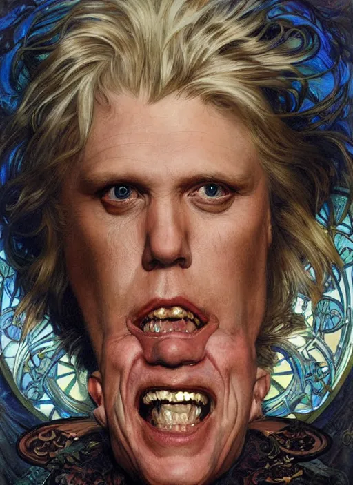 Prompt: realistic detailed painting of Gary Busey by Alphonse Mucha, Ayami Kojima, Amano, Charlie Bowater, Karol Bak, Greg Hildebrandt, Jean Delville, and Donato Giancola, Art Nouveau, Neo-Gothic, gothic, rich deep colors