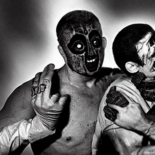 Image similar to El Santo and La Larka fighting zombies