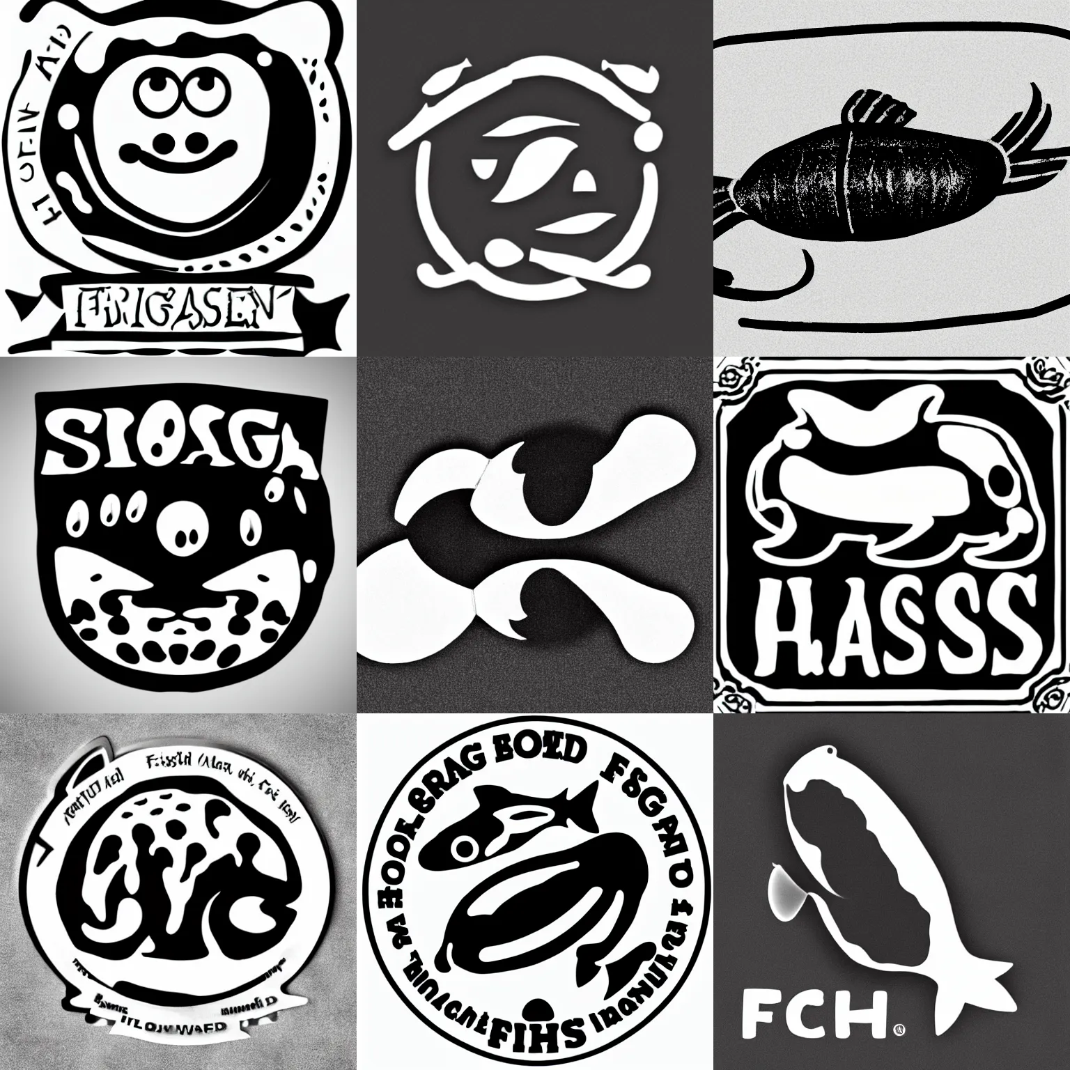 Prompt: black and white logo of a sausage that has fish head and tail