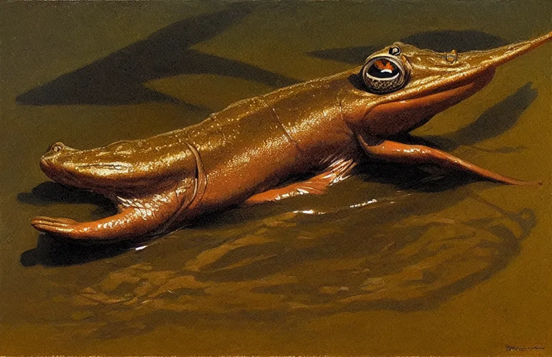 Image similar to portrait of a mudskipper!!!!!!!!!!!!!!!!!!!!!!!!!!!, detailed face, detailed painting, epic lighting, by ilya repin, phil hale and kent williams