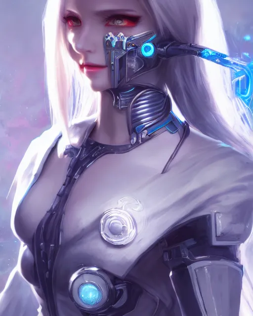 Image similar to holy cyborg necromancer girl, elegant, perfect face, scifi, futuristic, utopia, garden, illustration, atmosphere, warframe, blue eyes, white hair, artstation, nier automata, highly detailed, art by yuhong ding and chengwei pan and serafleur and ina wong