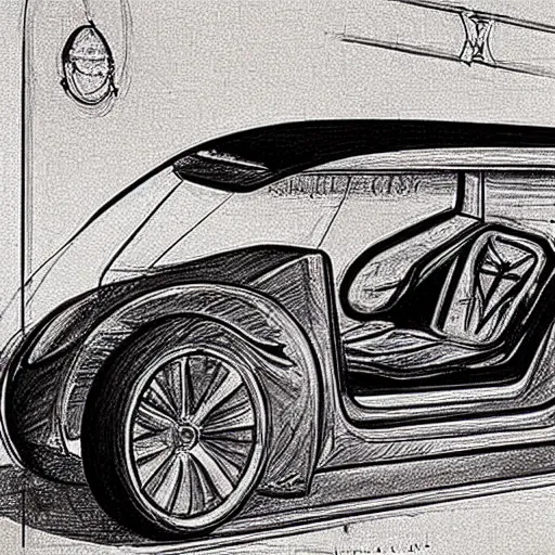 Prompt: a sketch of a tesla car made by Da Vinci, Leonardo